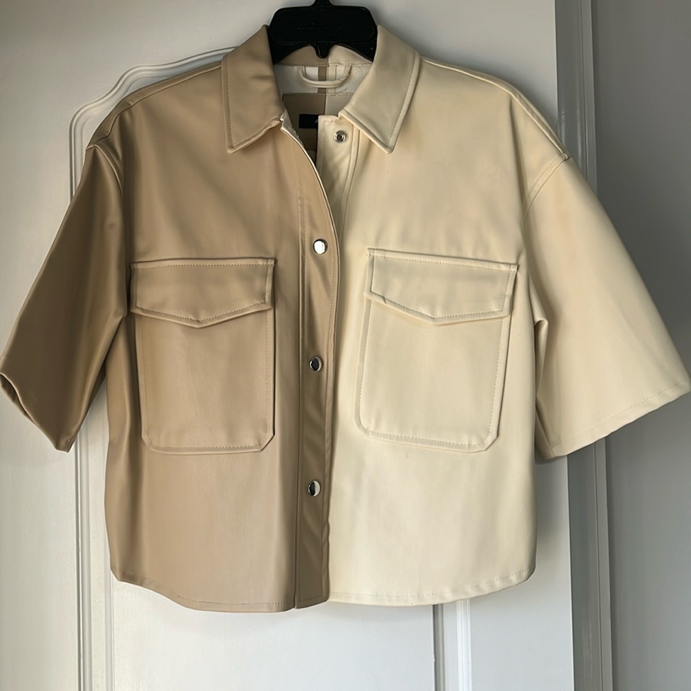 Aqua faux leather colored block short sleeve shirt